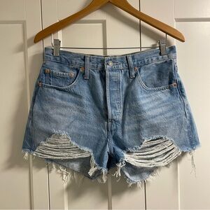Levi’s Premium 501 Denim Shorts Distressed Ripped Raw Hem High Rise Size 29